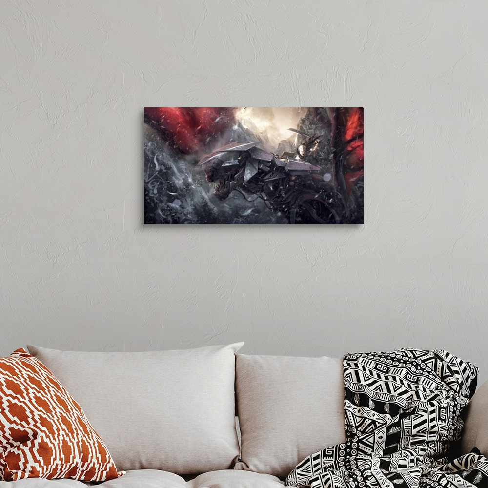 A bohemian room featuring Painting of armored mountain dragon and rider.