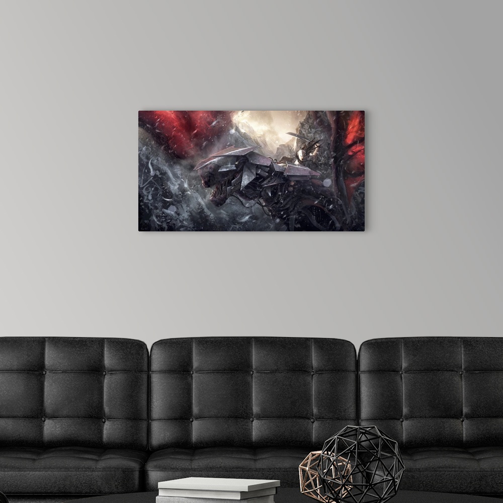 A modern room featuring Painting of armored mountain dragon and rider.