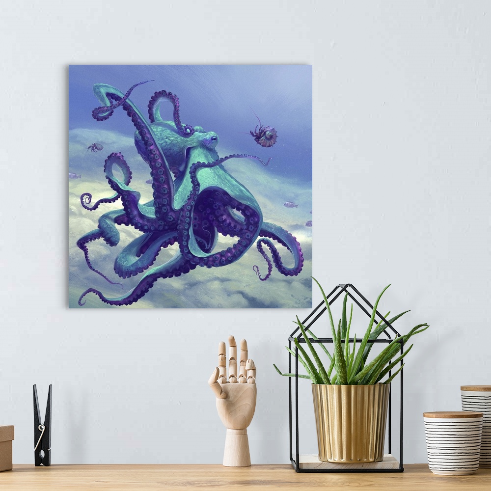 A bohemian room featuring Painting of a blue octopus playing with shellfish.