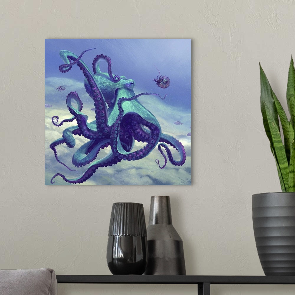 A modern room featuring Painting of a blue octopus playing with shellfish.
