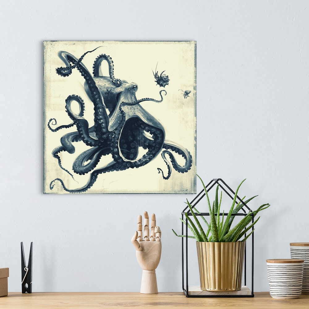 A bohemian room featuring Monochrome painting of an octopus playing with shellfish.