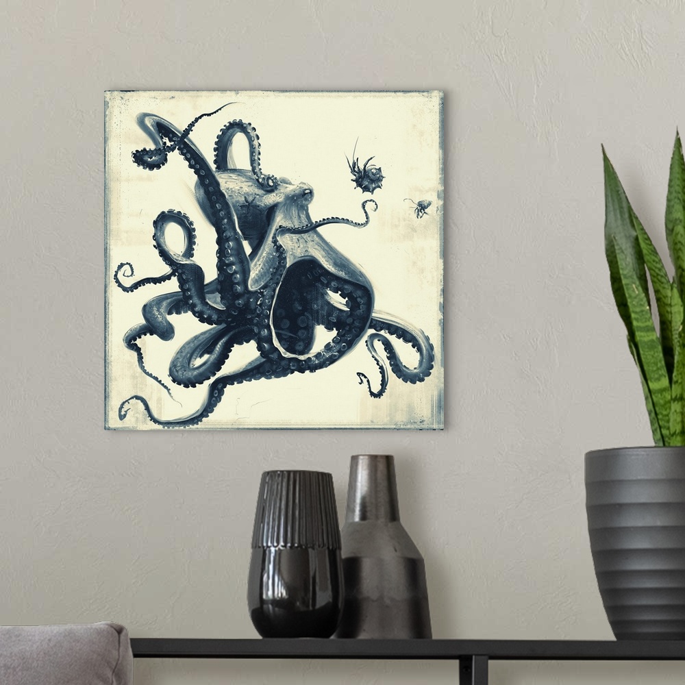 A modern room featuring Monochrome painting of an octopus playing with shellfish.