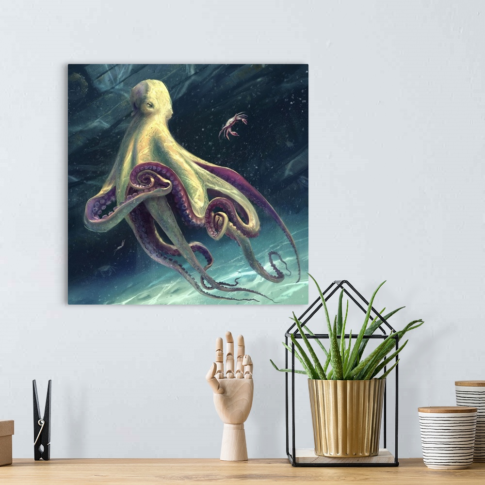 A bohemian room featuring Painting of an octopus ready to eat crab.