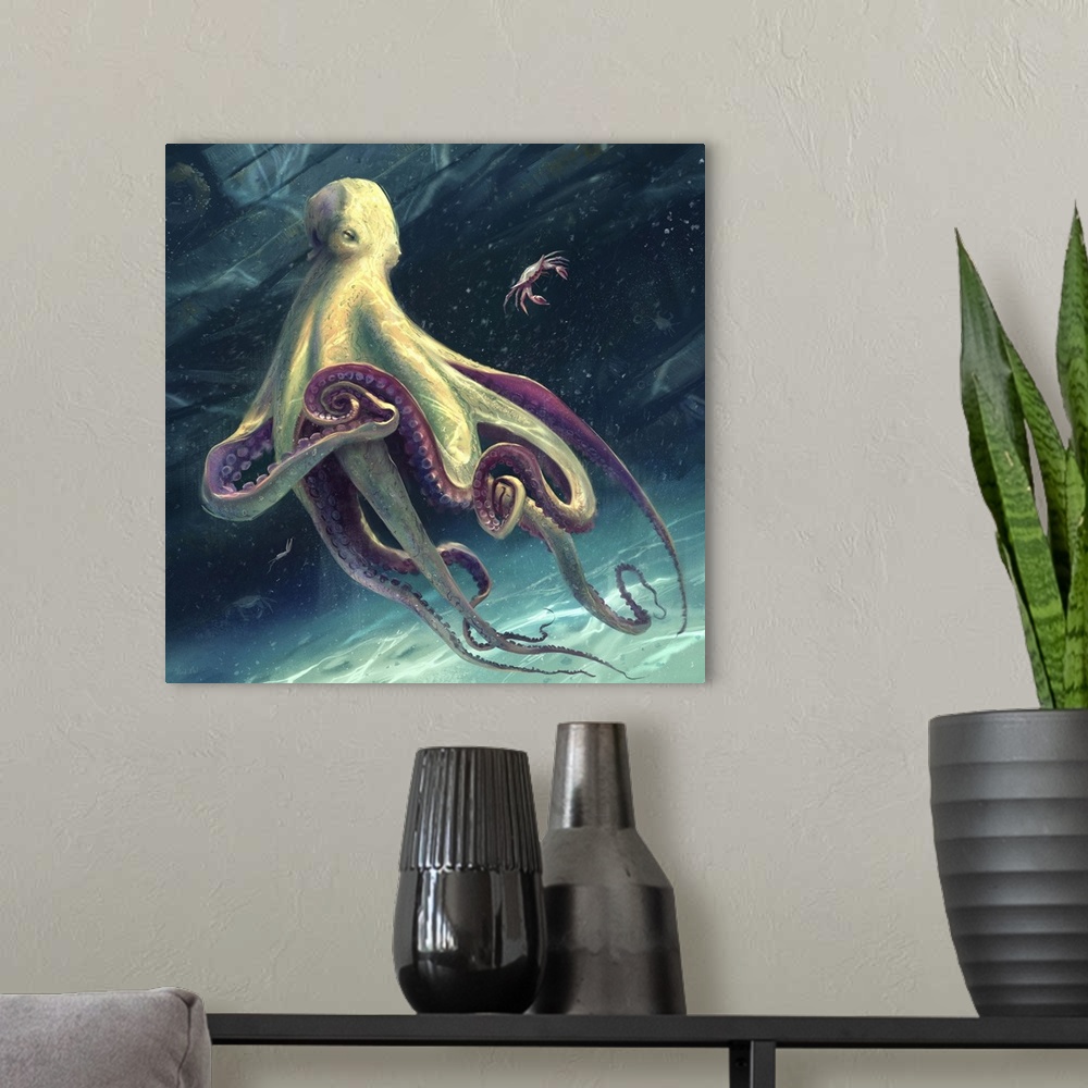 A modern room featuring Painting of an octopus ready to eat crab.
