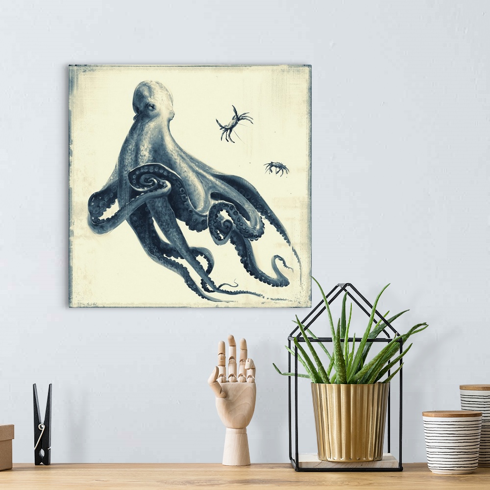 A bohemian room featuring Monochrome painting of an octopus ready to eat crab.