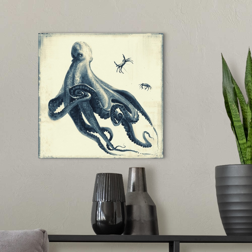 A modern room featuring Monochrome painting of an octopus ready to eat crab.