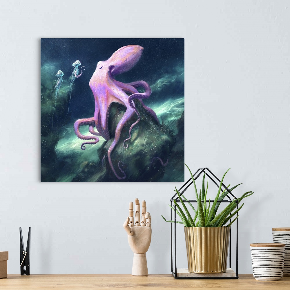 A bohemian room featuring Painting of a pink octopus sleeping near jellyfish.