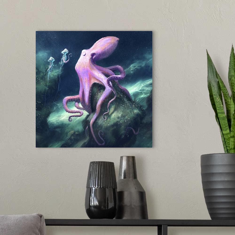 A modern room featuring Painting of a pink octopus sleeping near jellyfish.