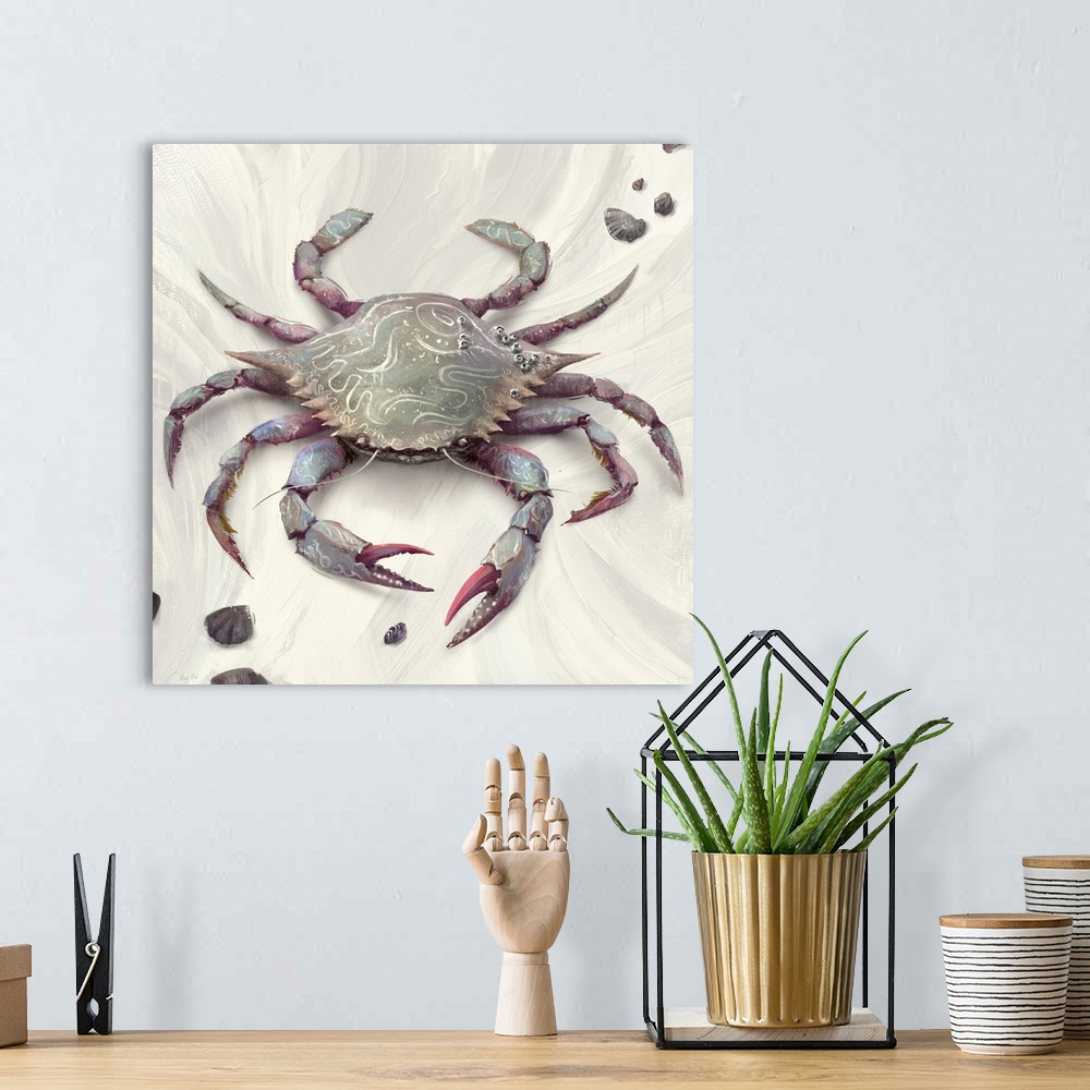 A bohemian room featuring Painting of blue crab with seashells on abstract background.