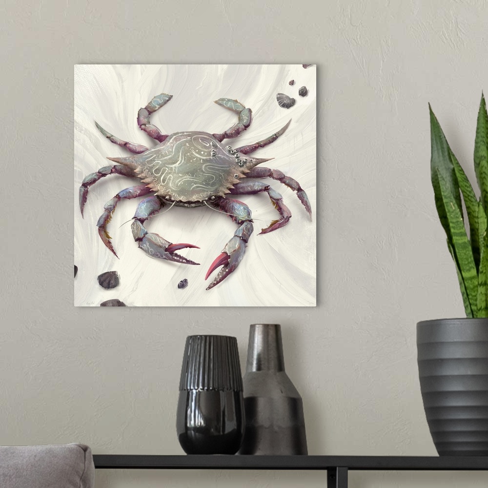 A modern room featuring Painting of blue crab with seashells on abstract background.