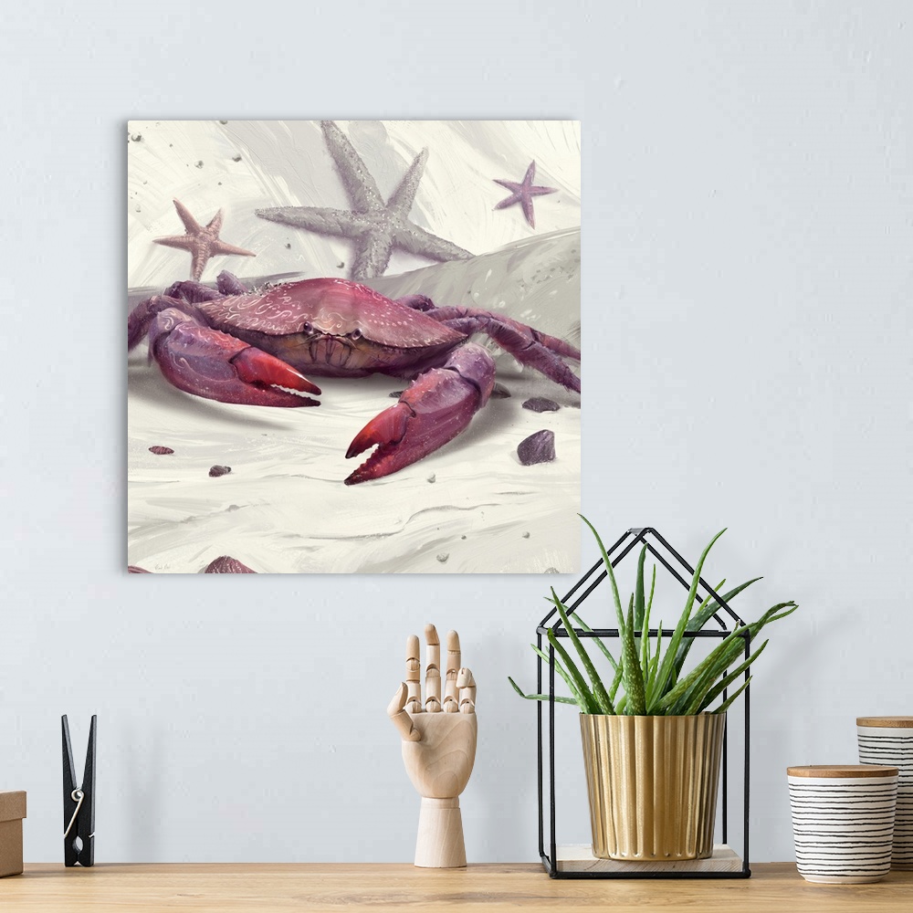 A bohemian room featuring Painting of peekytoe crab with starfish on abstract background.