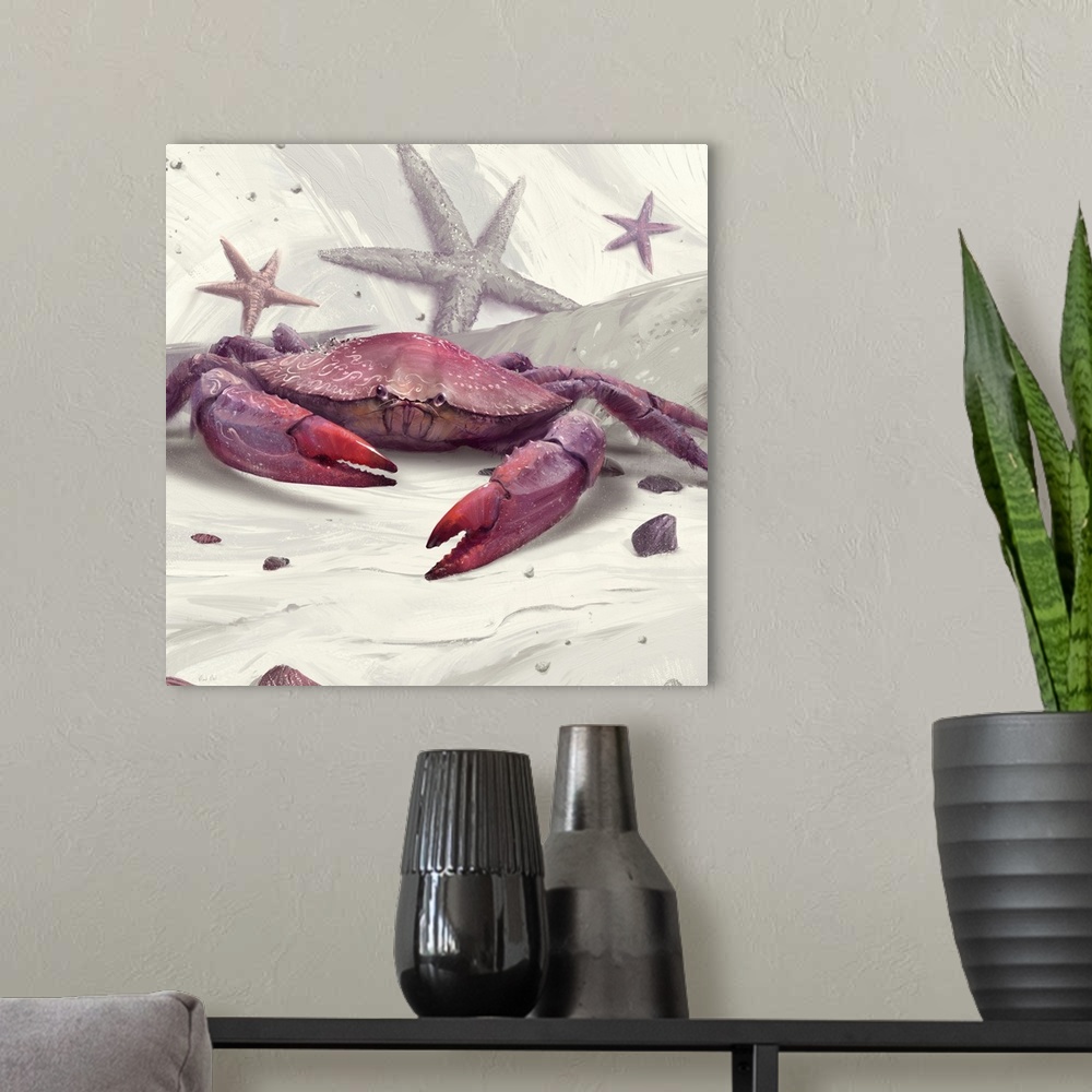 A modern room featuring Painting of peekytoe crab with starfish on abstract background.