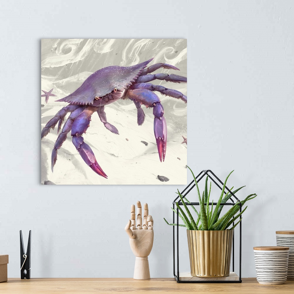A bohemian room featuring Painting of a purple crab on abstract background.