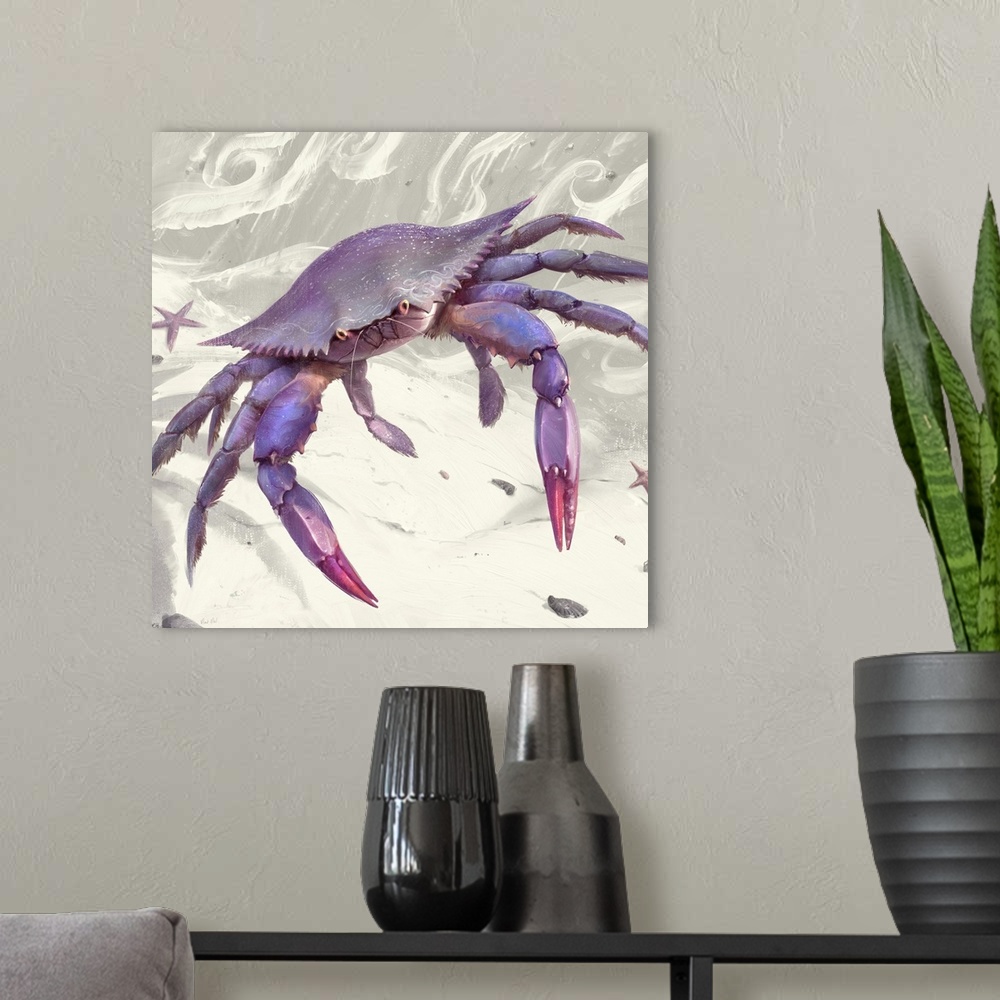 A modern room featuring Painting of a purple crab on abstract background.