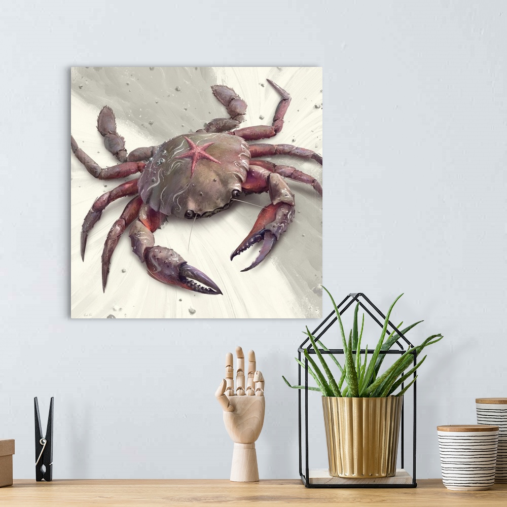 A bohemian room featuring Painting of stone crab on abstract background.