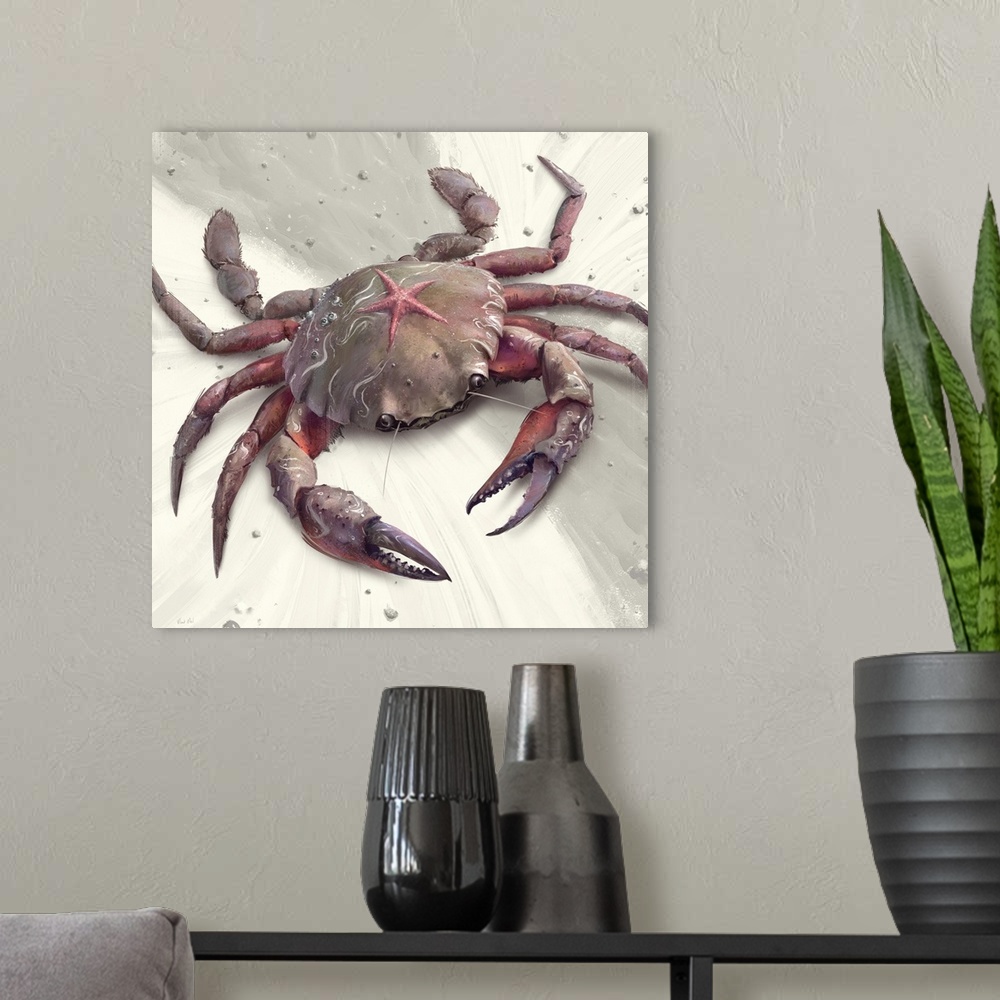 A modern room featuring Painting of stone crab on abstract background.
