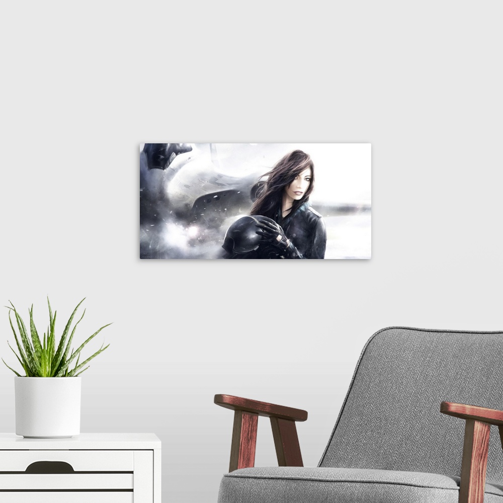 A modern room featuring Painting of a female pilot.