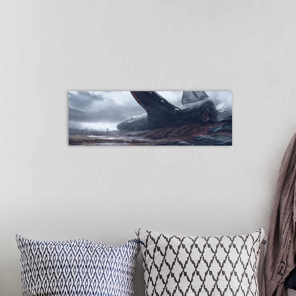 A bohemian room featuring Painting of spaceship and survivors crash landed.