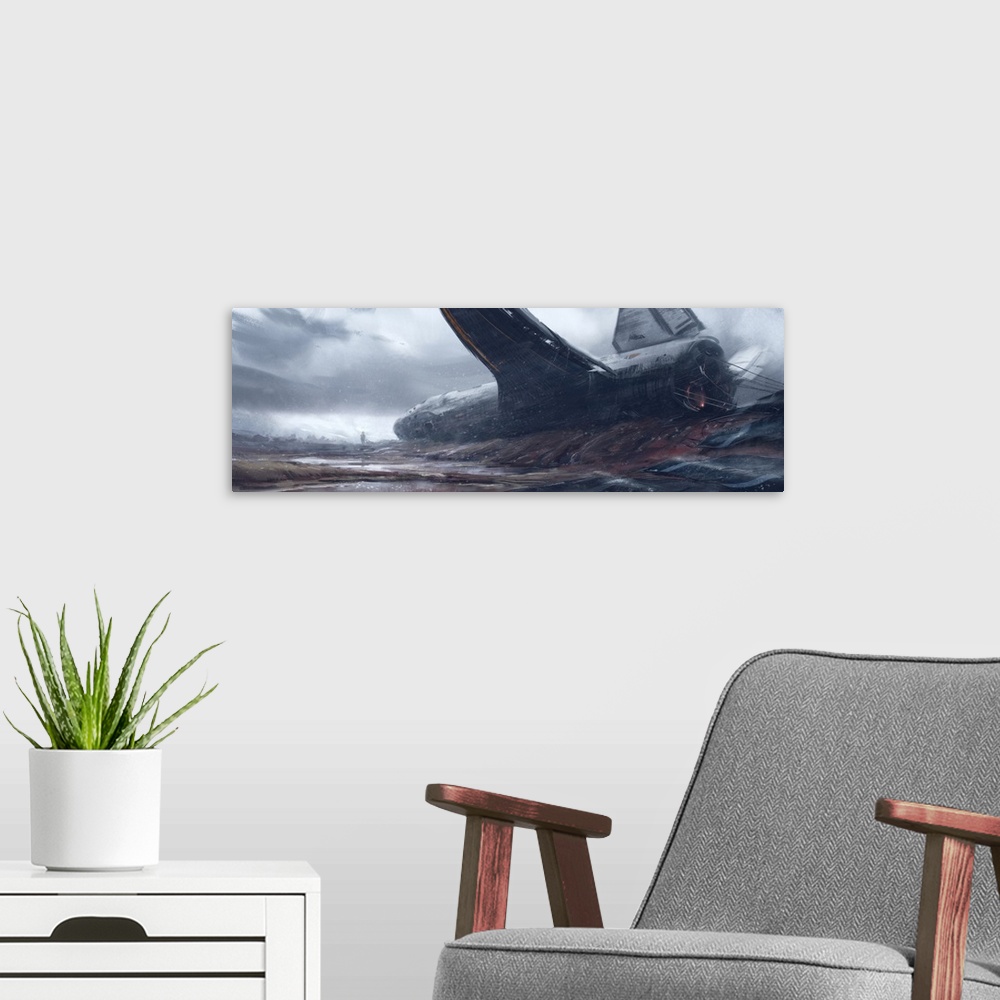 A modern room featuring Painting of spaceship and survivors crash landed.
