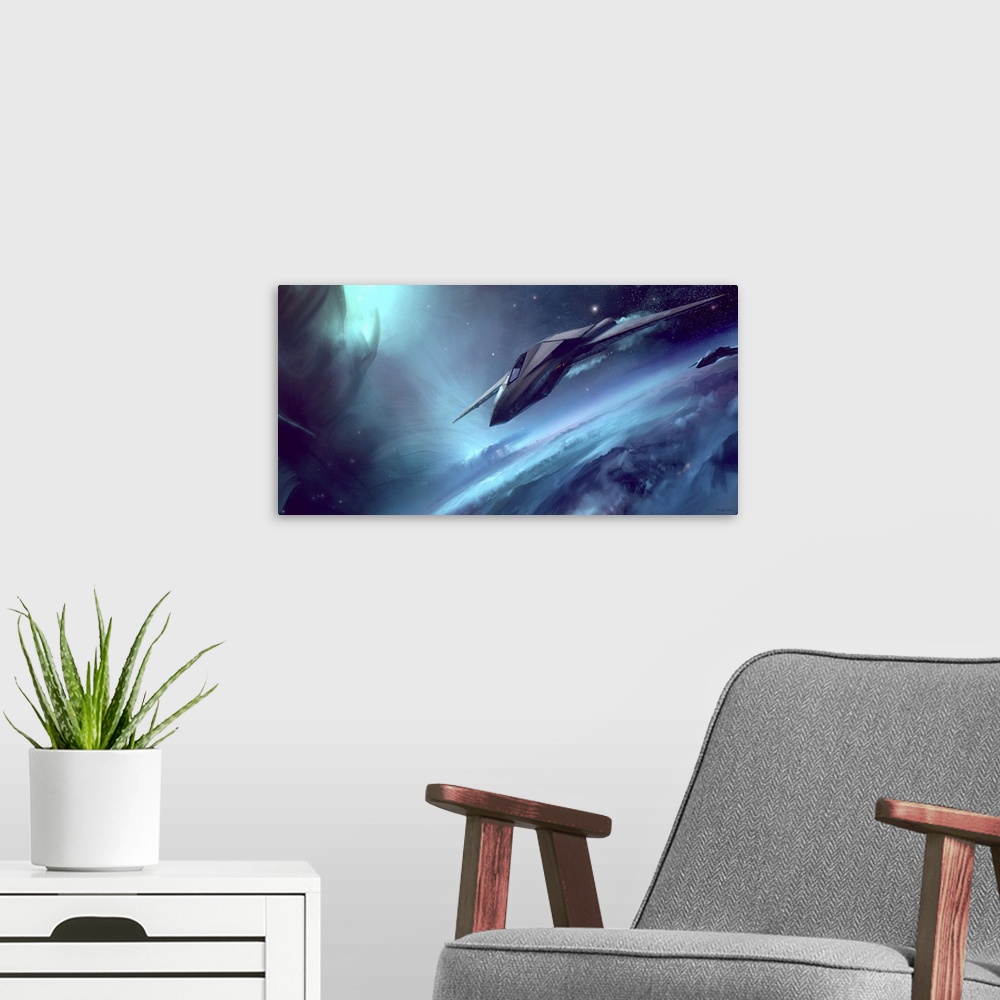 A modern room featuring Painting of suborbital scout planes and alien ship.