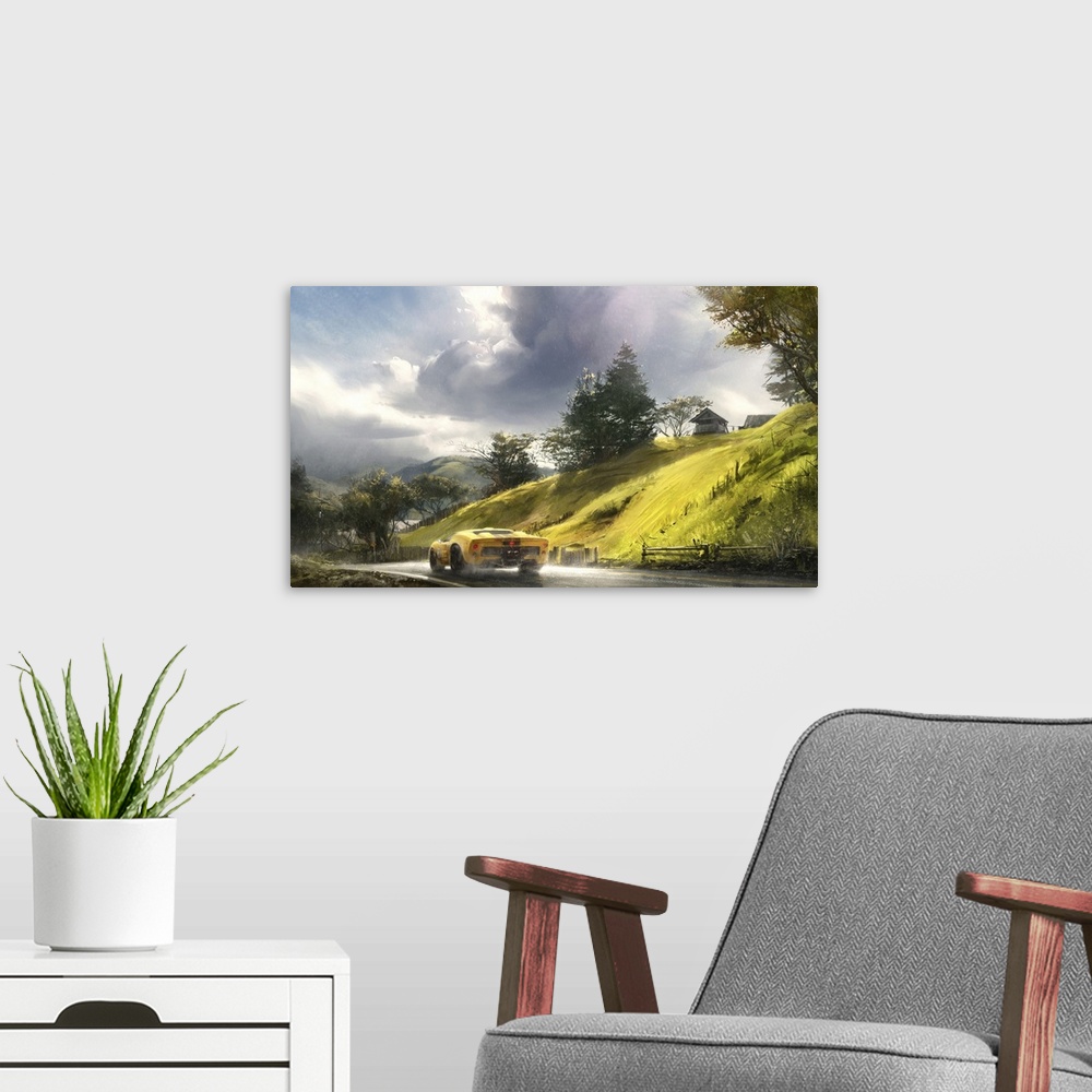 A modern room featuring Painting of car road trip through the countryside.