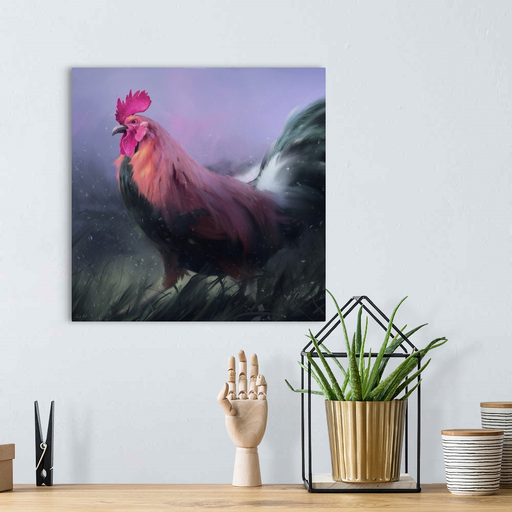 A bohemian room featuring Painting of a colorful rooster at dawn.