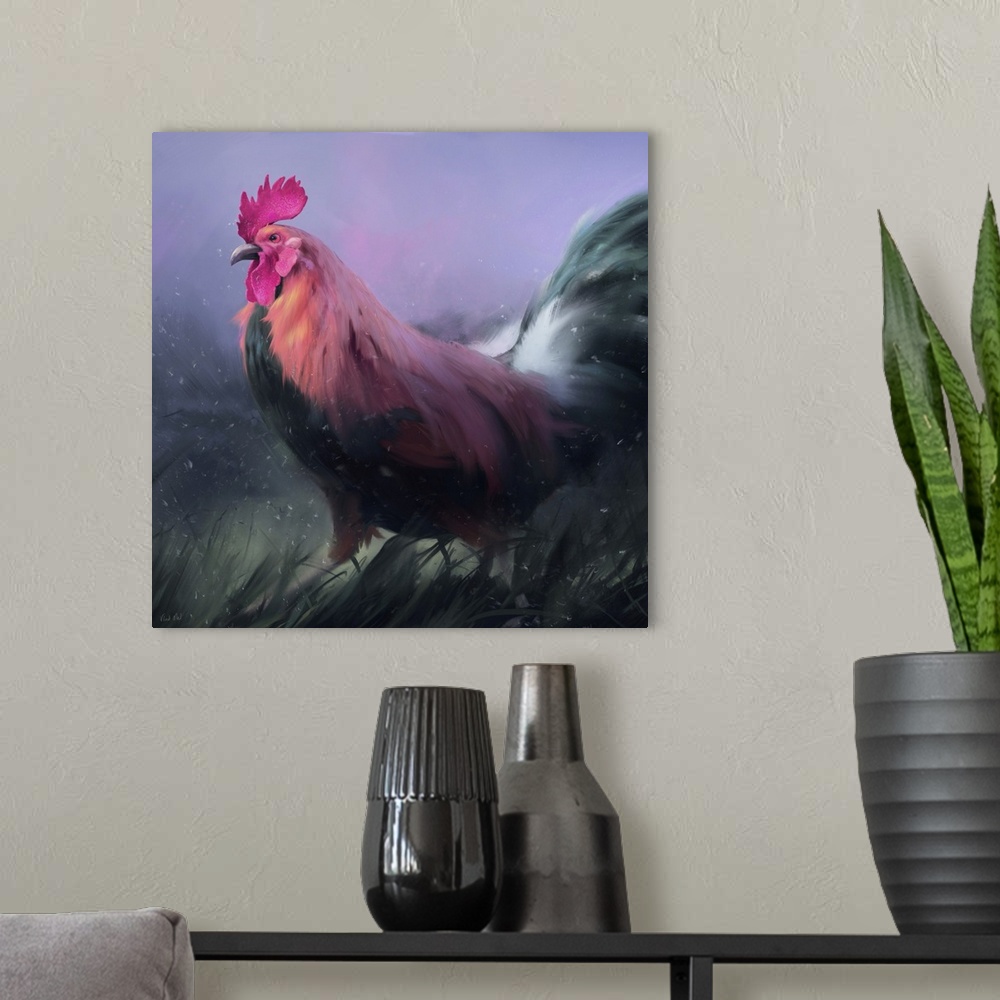 A modern room featuring Painting of a colorful rooster at dawn.