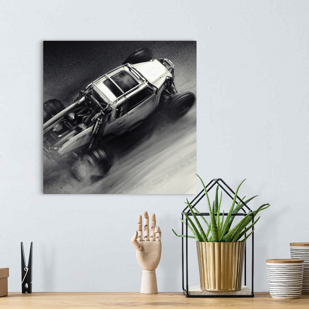 A bohemian room featuring Monochrome concept sketch of a sand rail dune truck.