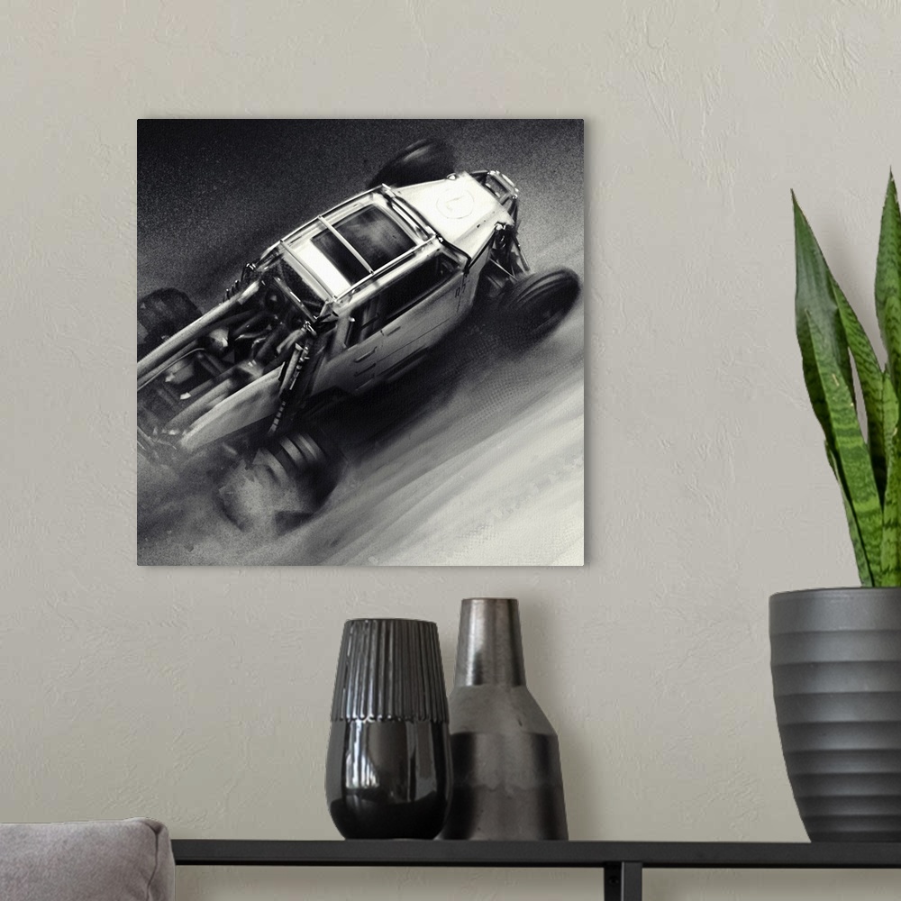 A modern room featuring Monochrome concept sketch of a sand rail dune truck.
