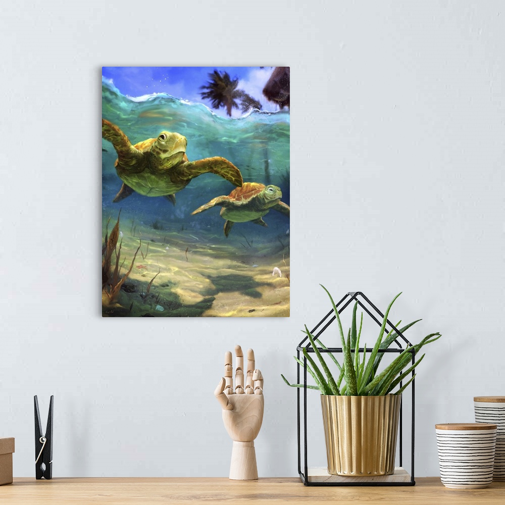 A bohemian room featuring Painting of turtles swimming in colorful clear tropical underwater.