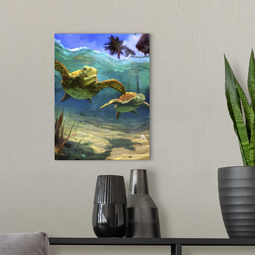 A modern room featuring Painting of turtles swimming in colorful clear tropical underwater.