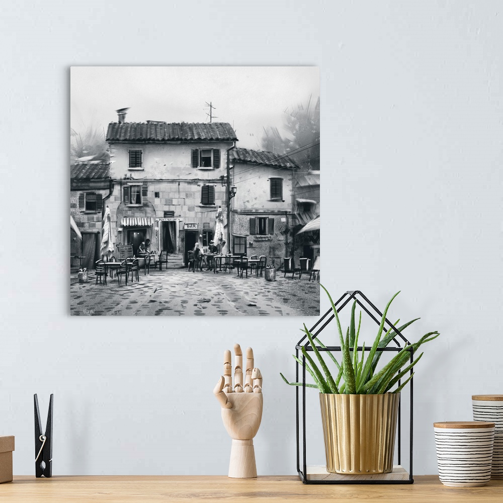 A bohemian room featuring Monochrome painting of a rustic Tuscan bar.
