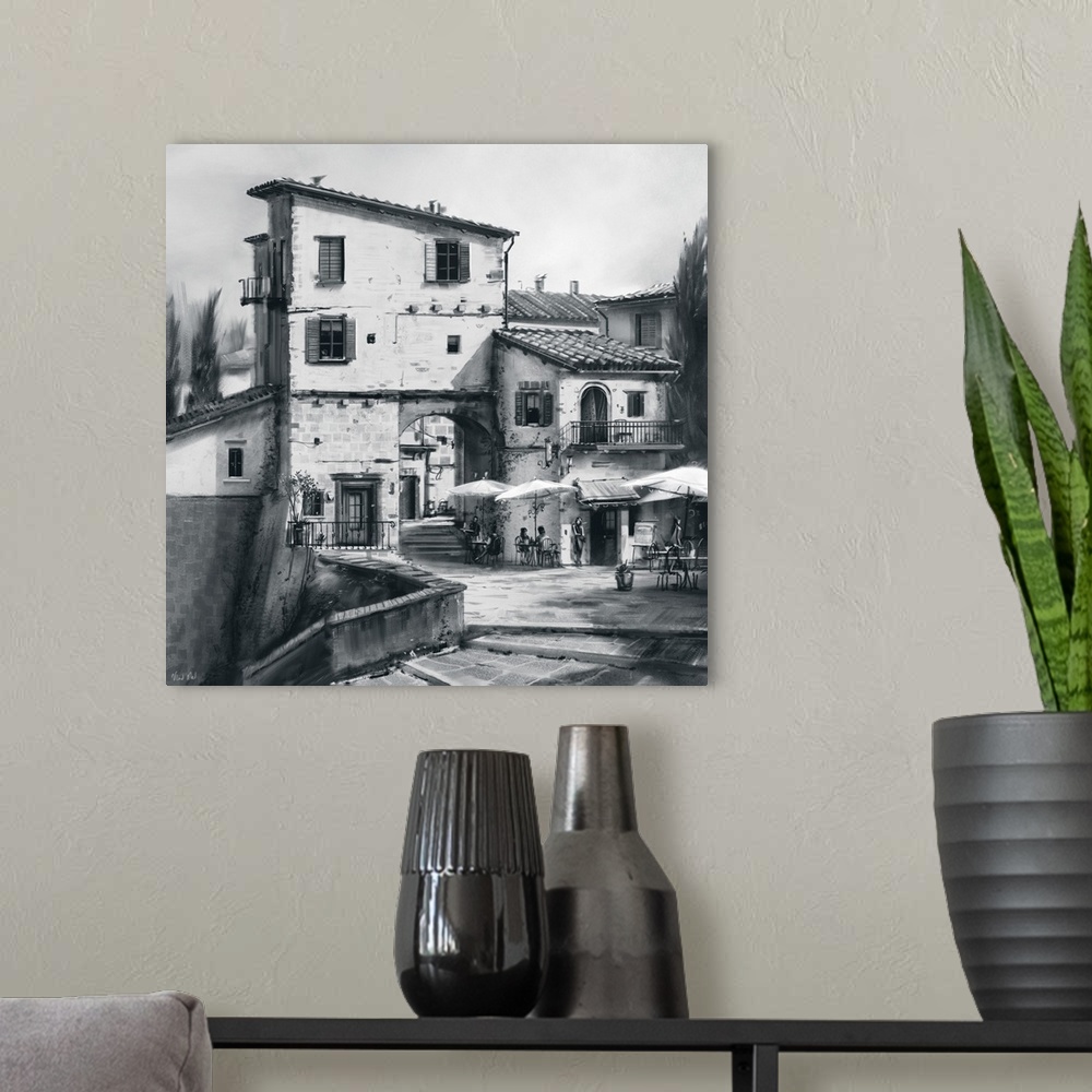 A modern room featuring Monochrome painting of a Tuscan street.