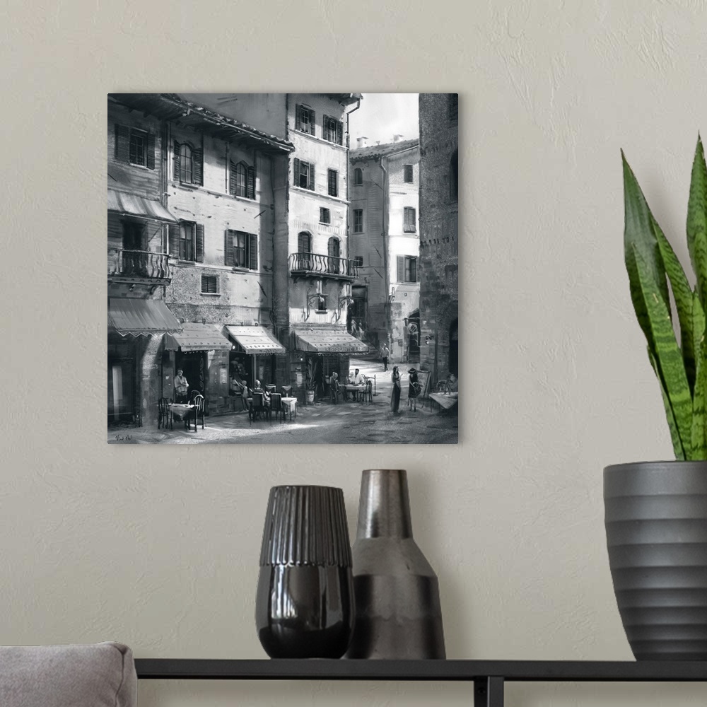 A modern room featuring Monochrome painting of a rustic Tuscan town street.