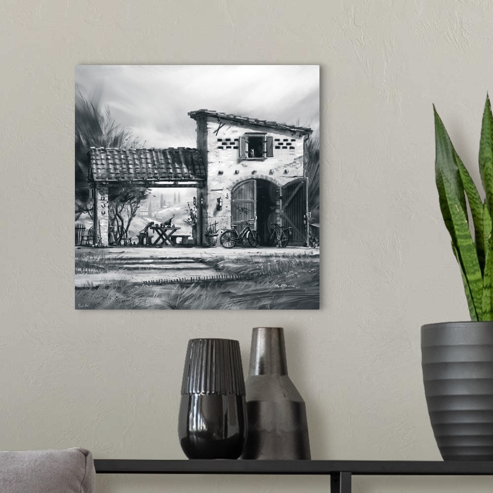 A modern room featuring Monochrome painting of a rustic Tuscan wine storage structure.