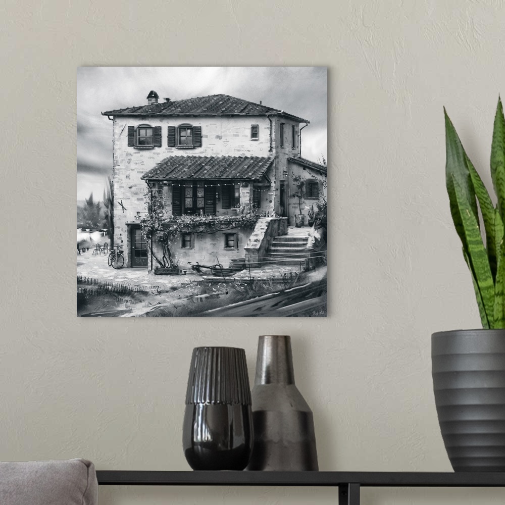 A modern room featuring Monochrome painting of a rustic Tuscan farmhouse.