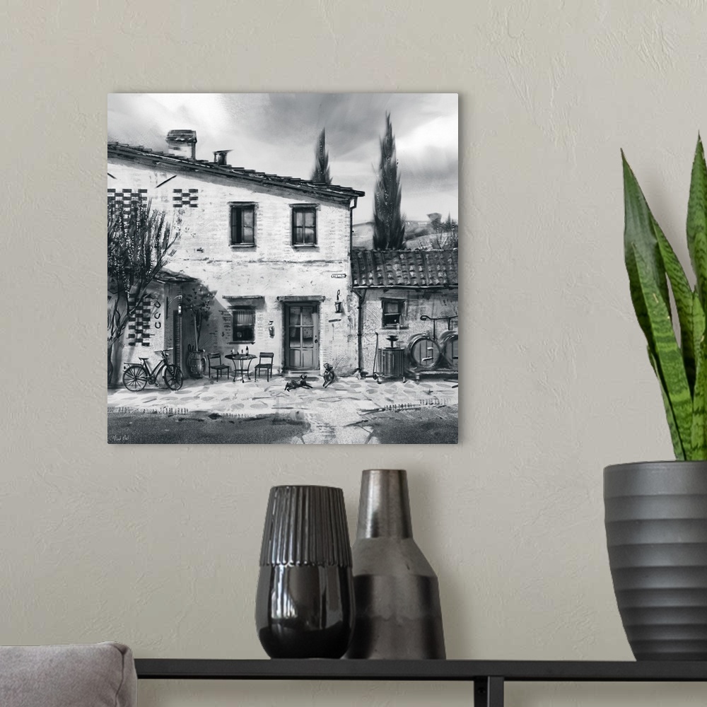 A modern room featuring Monochrome painting of old winery structure.