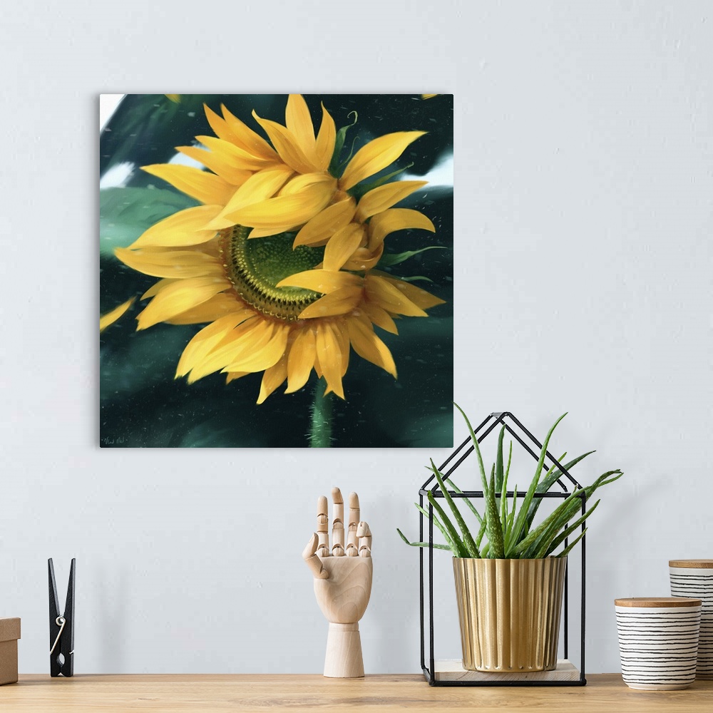 A bohemian room featuring Painting of a sunflower in wind with flying petals.