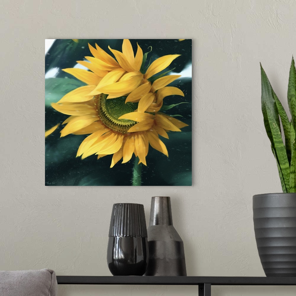 A modern room featuring Painting of a sunflower in wind with flying petals.