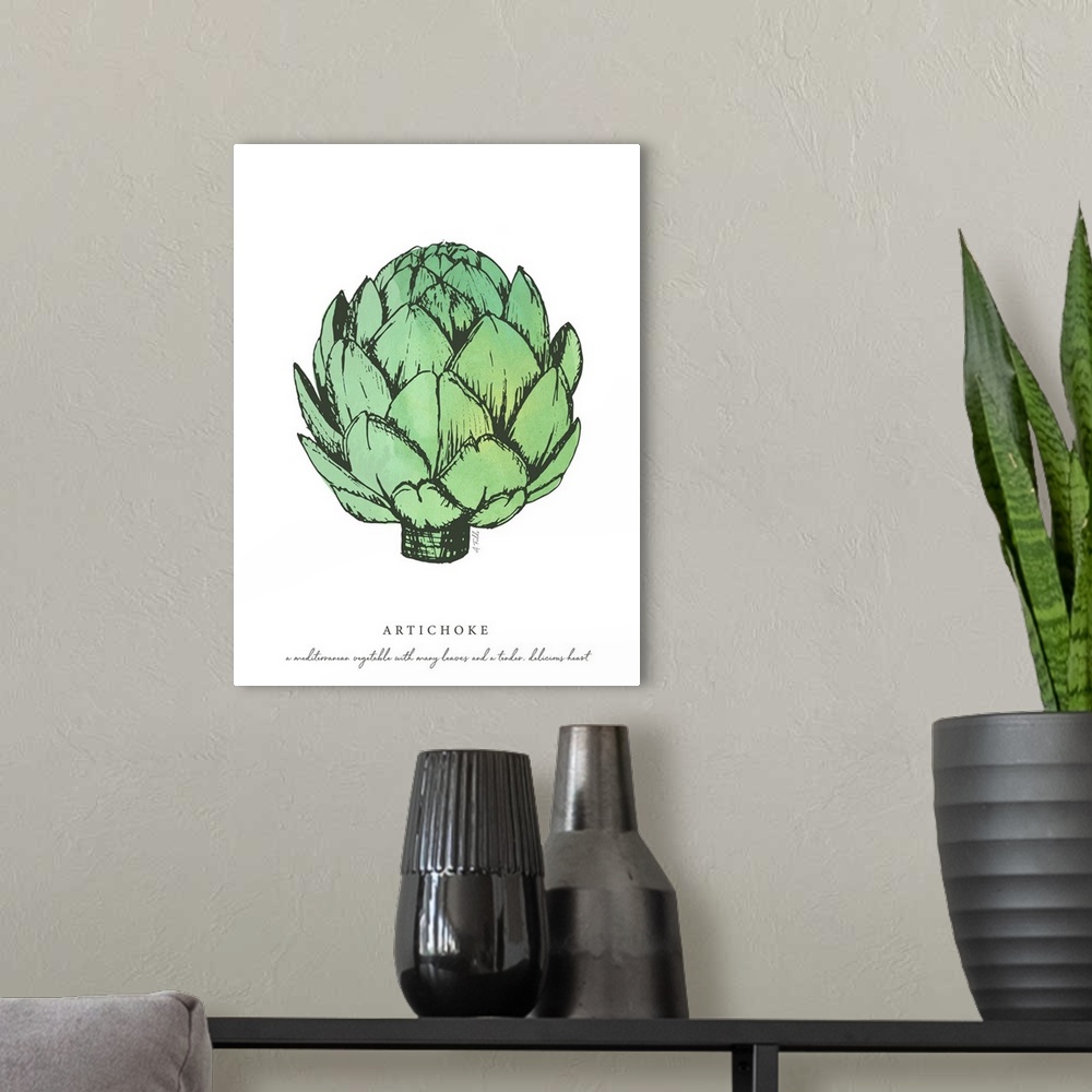 A modern room featuring Watercolor and Ink painting of artichokes.