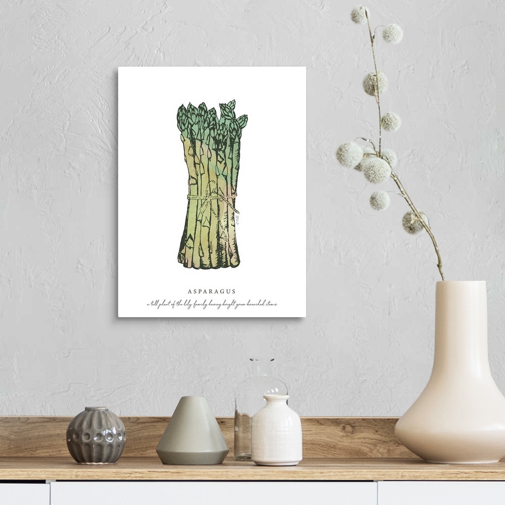 A farmhouse room featuring Watercolor and Ink painting of asparagus with script fact.