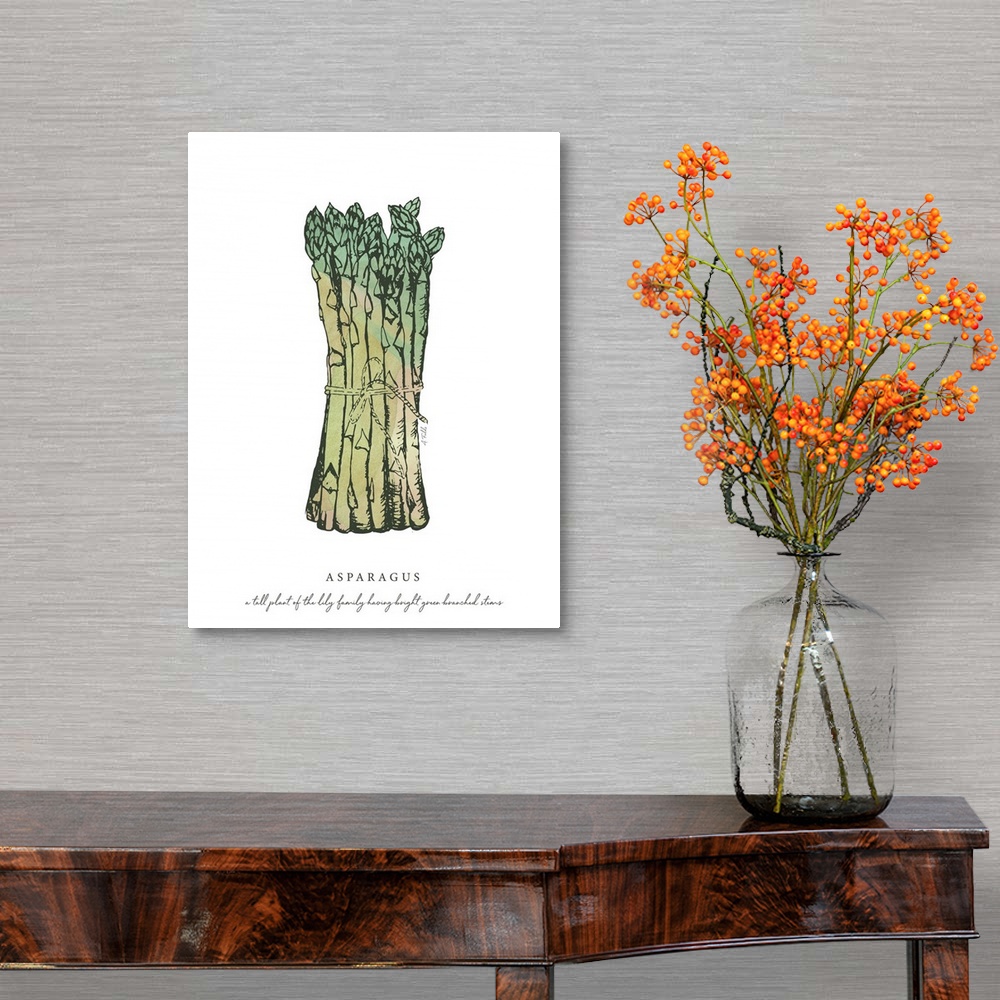 A traditional room featuring Watercolor and Ink painting of asparagus with script fact.