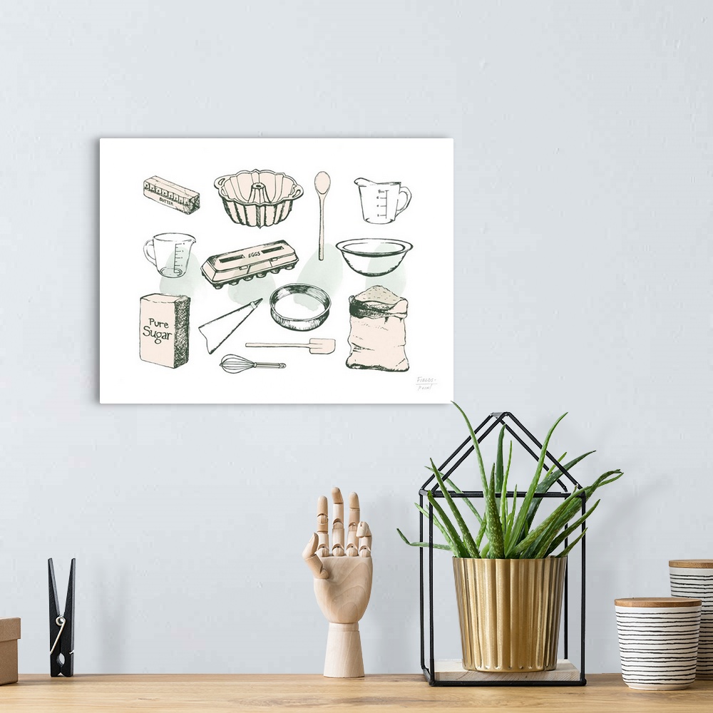 A bohemian room featuring Baking themed kitchen drawing with baking ingredients.