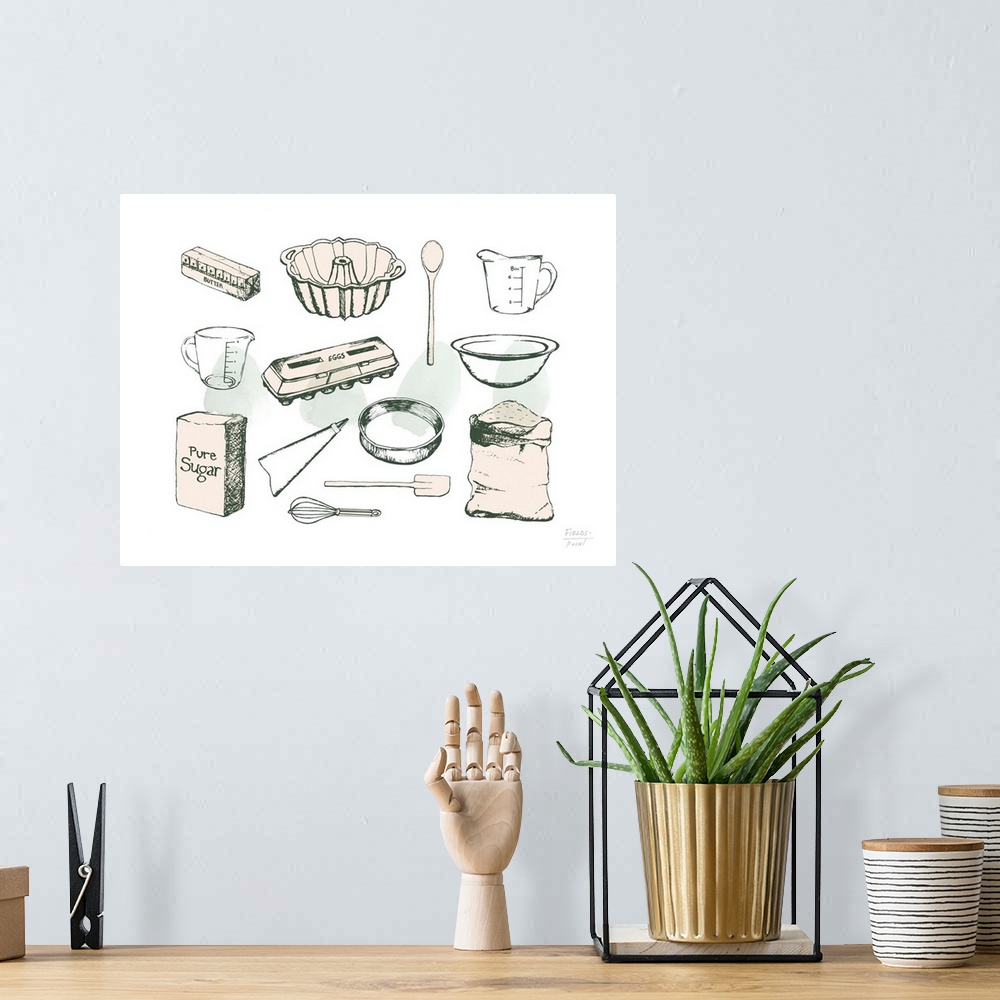A bohemian room featuring Baking themed kitchen drawing with baking ingredients.
