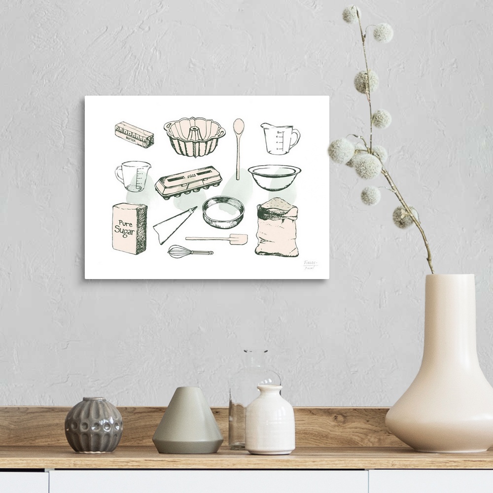A farmhouse room featuring Baking themed kitchen drawing with baking ingredients.
