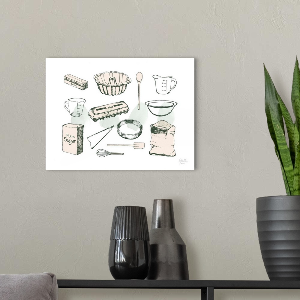 A modern room featuring Baking themed kitchen drawing with baking ingredients.