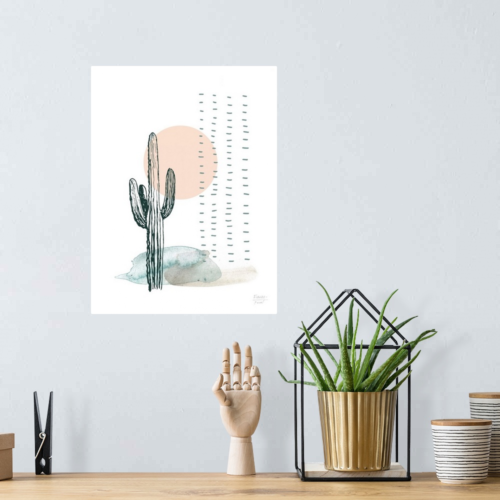 A bohemian room featuring Abstract watercolor and ink painting of a cactus and sunset.
