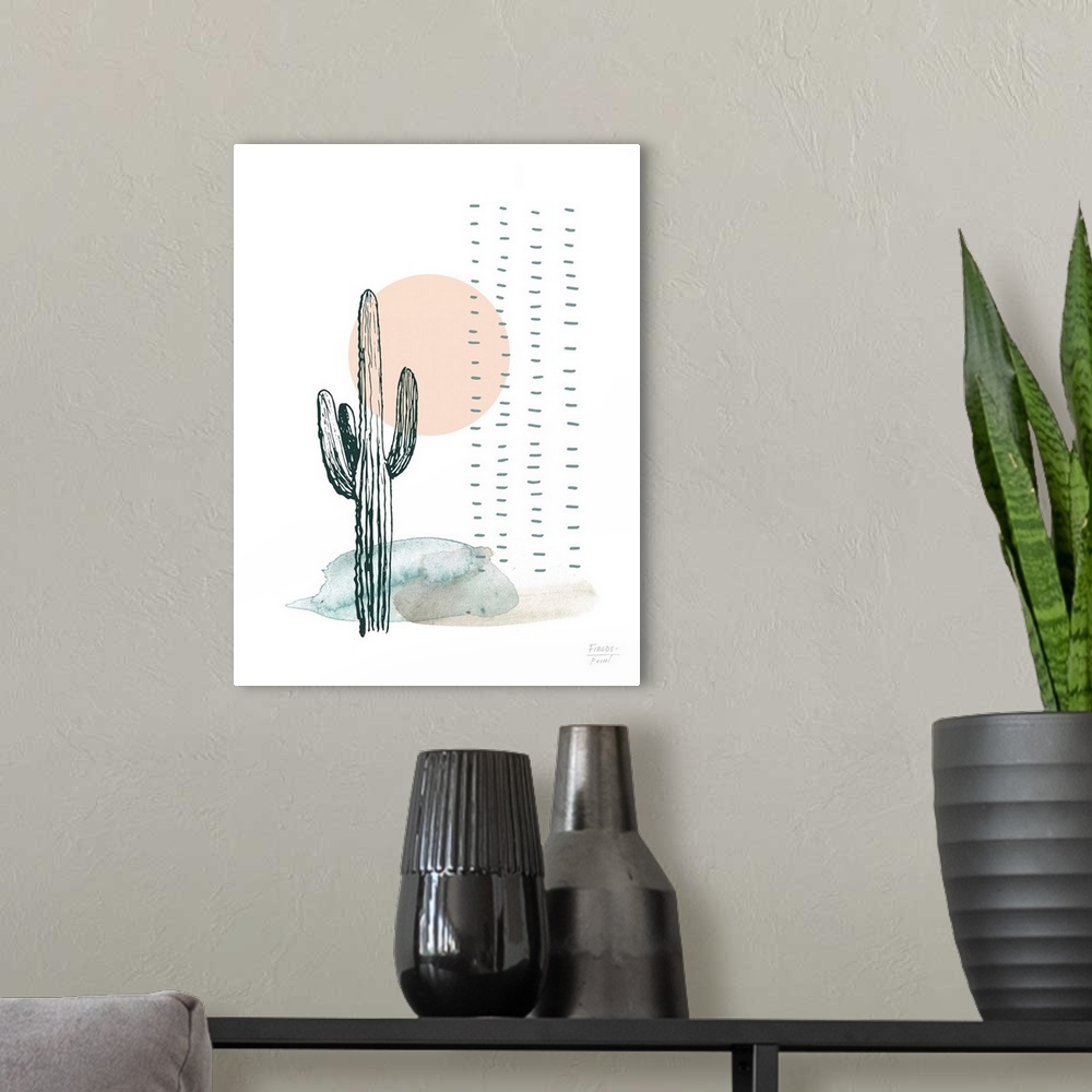 A modern room featuring Abstract watercolor and ink painting of a cactus and sunset.