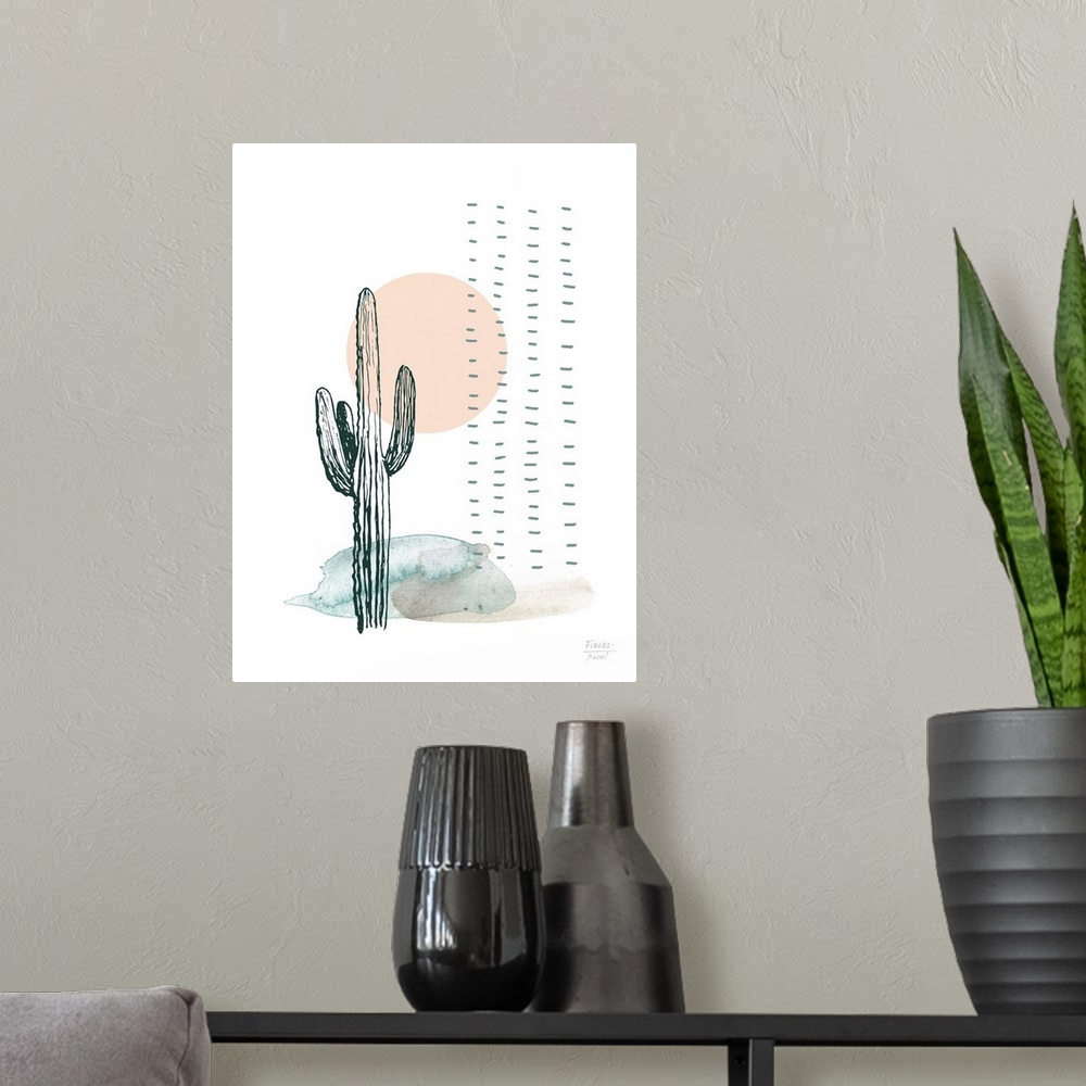 A modern room featuring Abstract watercolor and ink painting of a cactus and sunset.