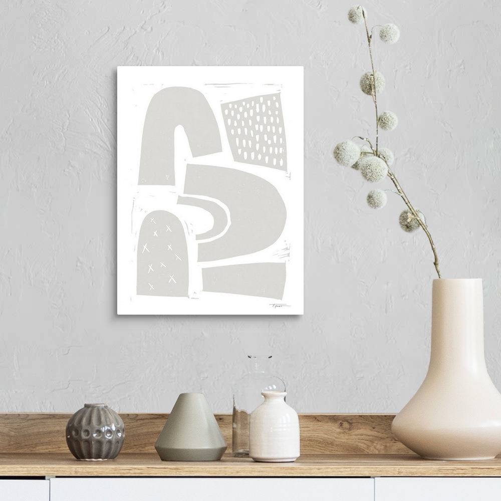 A farmhouse room featuring Abstract block print with arches and shapes in light gray.